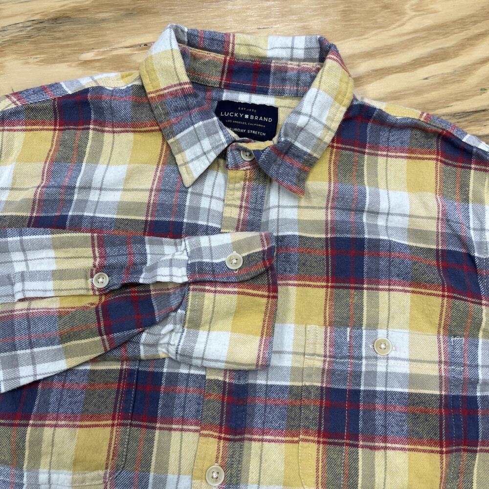 Lucky Brand Saturday Stretch Violet Yellow Plaid Flannel Shirt Medium Skater